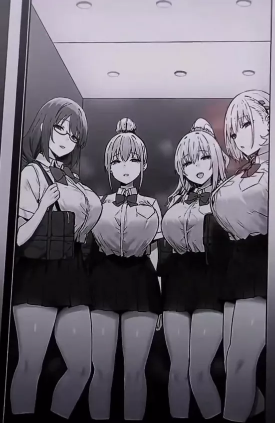 LF Mono Source: 4girls, bag, bowtie, breast pocket, dark hair, elevator, glasses, hair between eyes, hair bun, large breasts, light hair, looking at viewer, open mouth, ponytail, school uniform, scrunchie, shirt tucked in, shoulder bag, skirt LF Mono Source: 4girls, bag, bowtie, breast pocket, dark hair, elevator, glasses, hair between eyes, hair bun, large breasts, light hair, looking at viewer, open mouth, ponytail, school uniform, scrunchie, shirt tucked in, shoulder bag, skirt