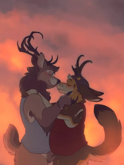 Sunset smooches (art by me @cryptidshadows, both chars he/him)