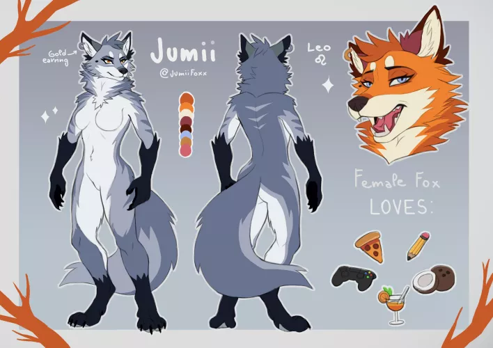 Winter version of my fursona sheet! also my commissions are open! ^^ 🍕 (art by me, @jumiifoxx on Twitter)