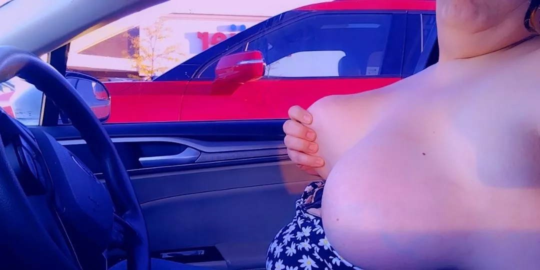 Sitting in the Meijer parking lot playing with my DD titties. The cart boy on the other side of me had a huge smile. Sitting in the Meijer parking lot playing with my DD titties. The cart boy on the other side of me had a huge smile.