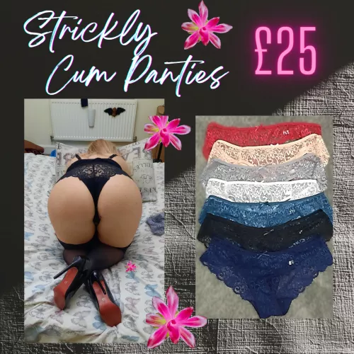 Brazilian style Panties which come in various shades as in picture. They have a thick gusset for my creamy juice. Worn for 24 hrs but can wear longer if required. Extras can be added.. Postage in UK is Free. Updates will be provided throughout the day