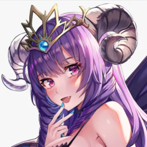 LF Color Source: 1girl, white background, golden crown, 2 curled horns, purple hair, braided hair, purple eyes, blue gem, blue nails, 1fang, peace sign, rosy cheeks, smiling, bra strap