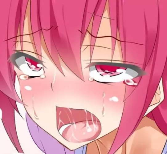 LF Color Source: 1girl, close up, face, pink hair, pink eyes, purple shirt, tears, mouth open, lower teeth, long hair, saliva trail, sweat, drool, blush, eyebrows visible through hair, looking at viewer, hair between eyes, head out of frame