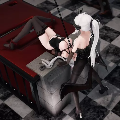 LF Color Source: 2girls, bondage, futanari, white hair, deep throat, mmd, black clothing, no text