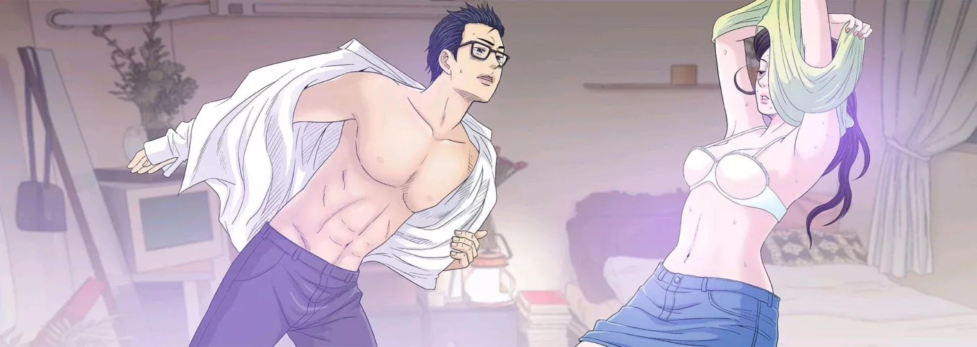 LF Color Source 1girl, 1boy, undressing, bare chest, glasses, white shirt, green shirt, arm length hair, bedroom, navy blue skirt, dark blue pants, white bikini, handbag, mirror, plant, shelf, curtain, stack of books, tubelight