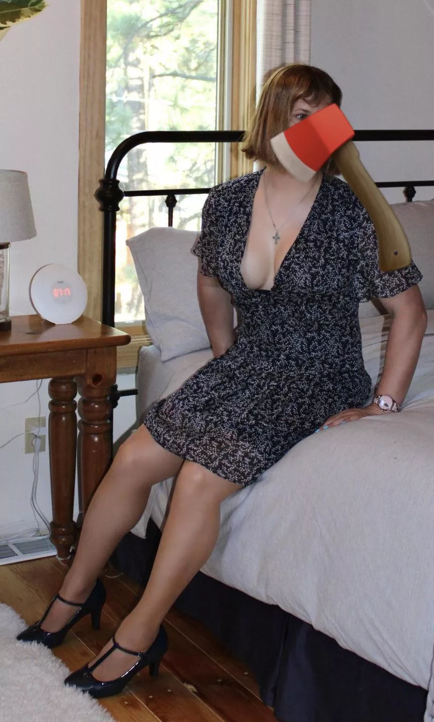 My blue floral dress sans bra but with tights.