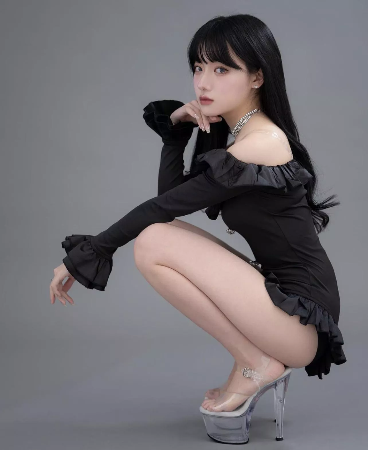 On her high heels