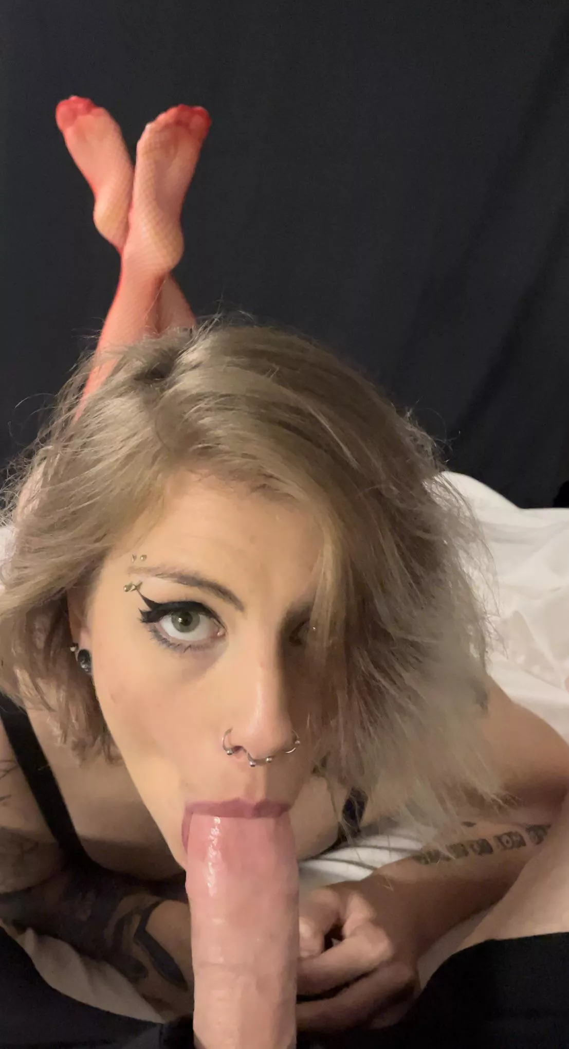 First still frame from video we just shot. Red fishnet legs crossed while she lays on the bed and swallows my load. First still frame from video we just shot. Red fishnet legs crossed while she lays on the bed and swallows my load.