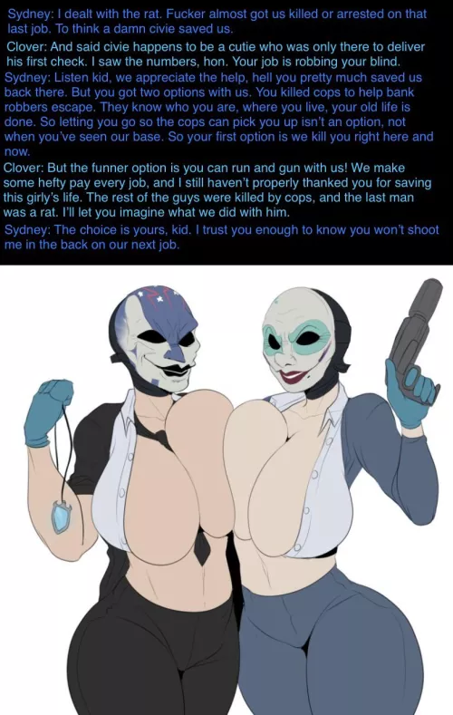 Grateful Bank Robbers (Milf) (big breasts) (open shirts) (masks) (guns) (job offer) [Artist: Krekk0v]
