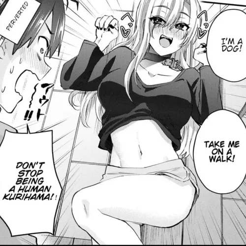 LF Mono Source: 1boy, 1girl, human pet, shorts, blond hair, collar, “I'm a dog!” 