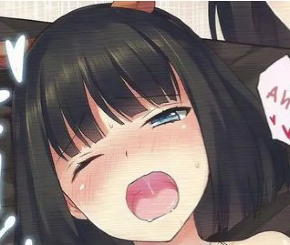 LF Color Source: 1girl, manga, black hair, blue eyes, blushing, open mouth, one eye closed, drool, short hair, bangs, sweat