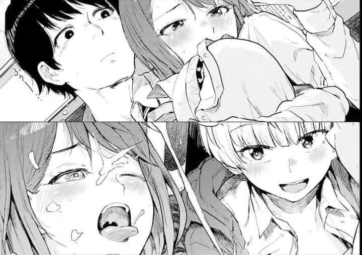 Mono: 2girls ,1boy, dark hair, short white hair, hand under boobs, from below, 2 frames, tongue out, teeth, blushing, saliva, cum, bra, shirt, collar, jacket Mono: 2girls ,1boy, dark hair, short white hair, hand under boobs, from below, 2 frames, tongue out, teeth, blushing, saliva, cum, bra, shirt, collar, jacket