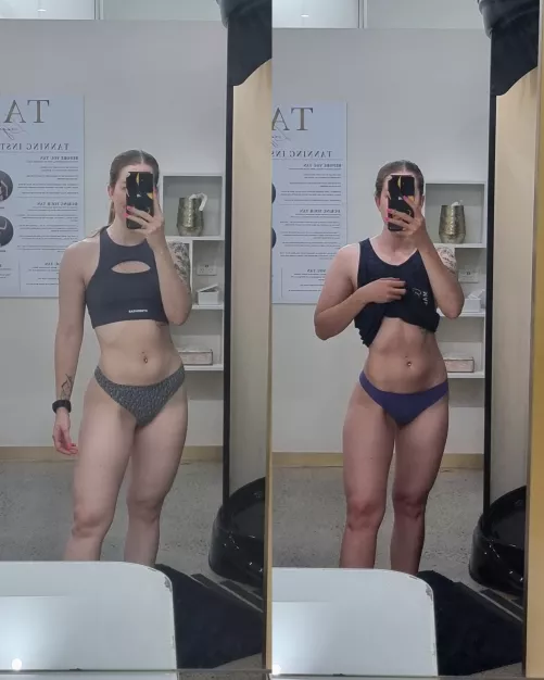 [F] pre tan & post tan ... it's like an instant ab & muscle reveal!