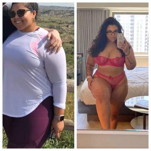 2018 vs. 2022 ⚡️ so proud of how far I’ve come! Feeling like a plus size exotic Barbie! Still working with a personal trainer to drop more weight . This fall, bigger lips, bigger tits (695cc to 850cc), and lipo. Any other suggestions?