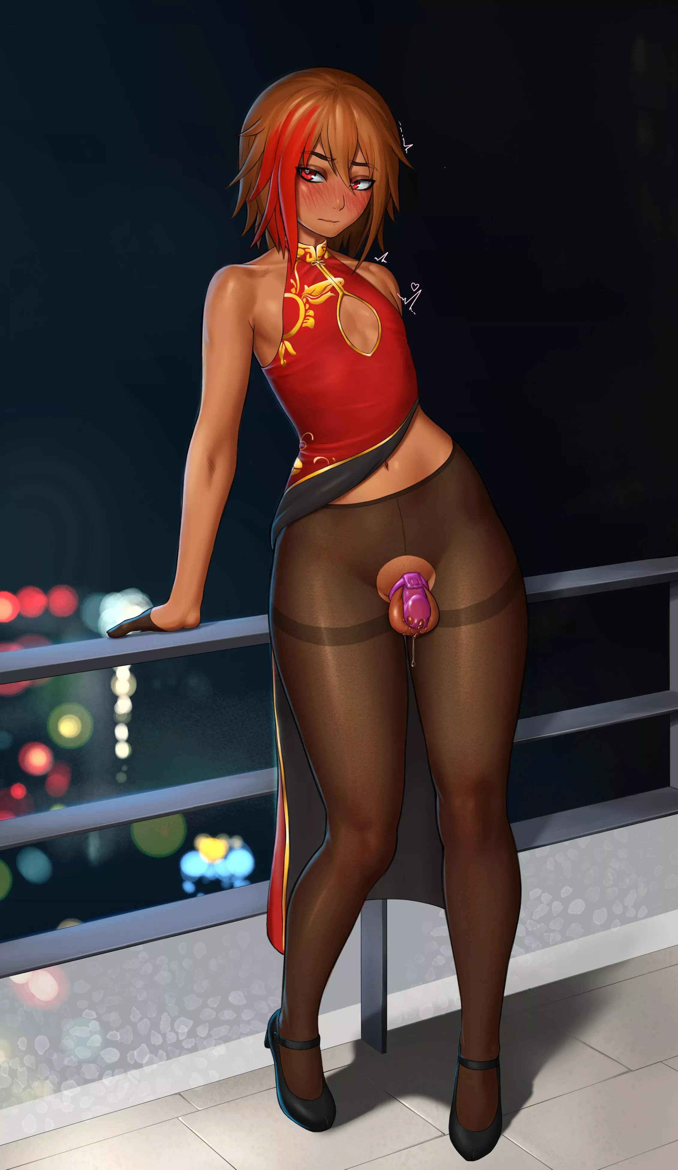 All dressed up and at the party, only you were aware of the cage you had locked onto your self earlier that night, that was until someone said to follow them to the balcony. Once there they demanded you show them what was making the jingling noise, now t