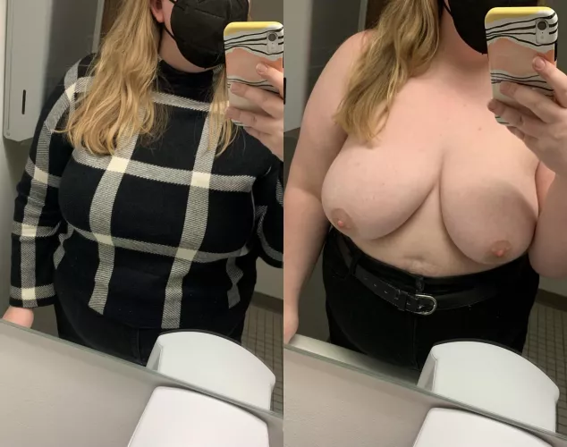 An on/off in the office bathroom to show you what’s hiding under my sweater