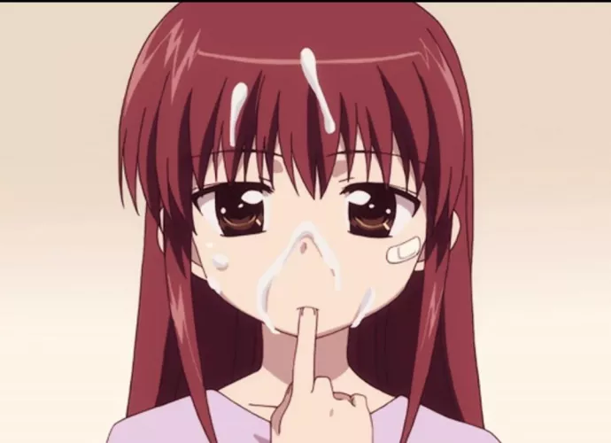 color, no text, 1girl, licking cum from the finger, red hair, brown eyes