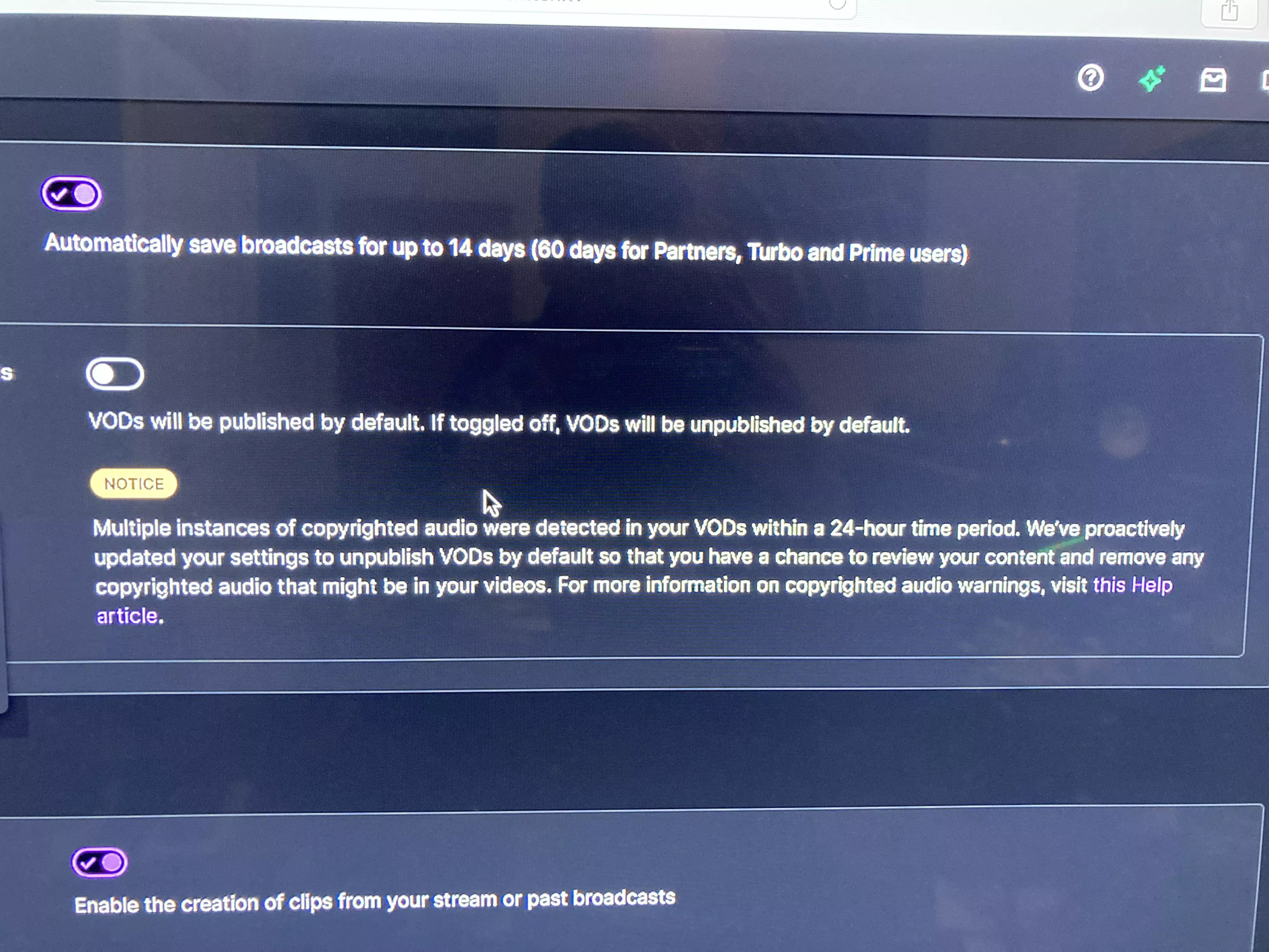 Copyright warning on but twitch disabled my vods for copyright? Isnt that why i have the copyright warning box checked on? So confused… Copyright warning on but twitch disabled my vods for copyright? Isnt that why i have the copyright warning box checked on? So confused…