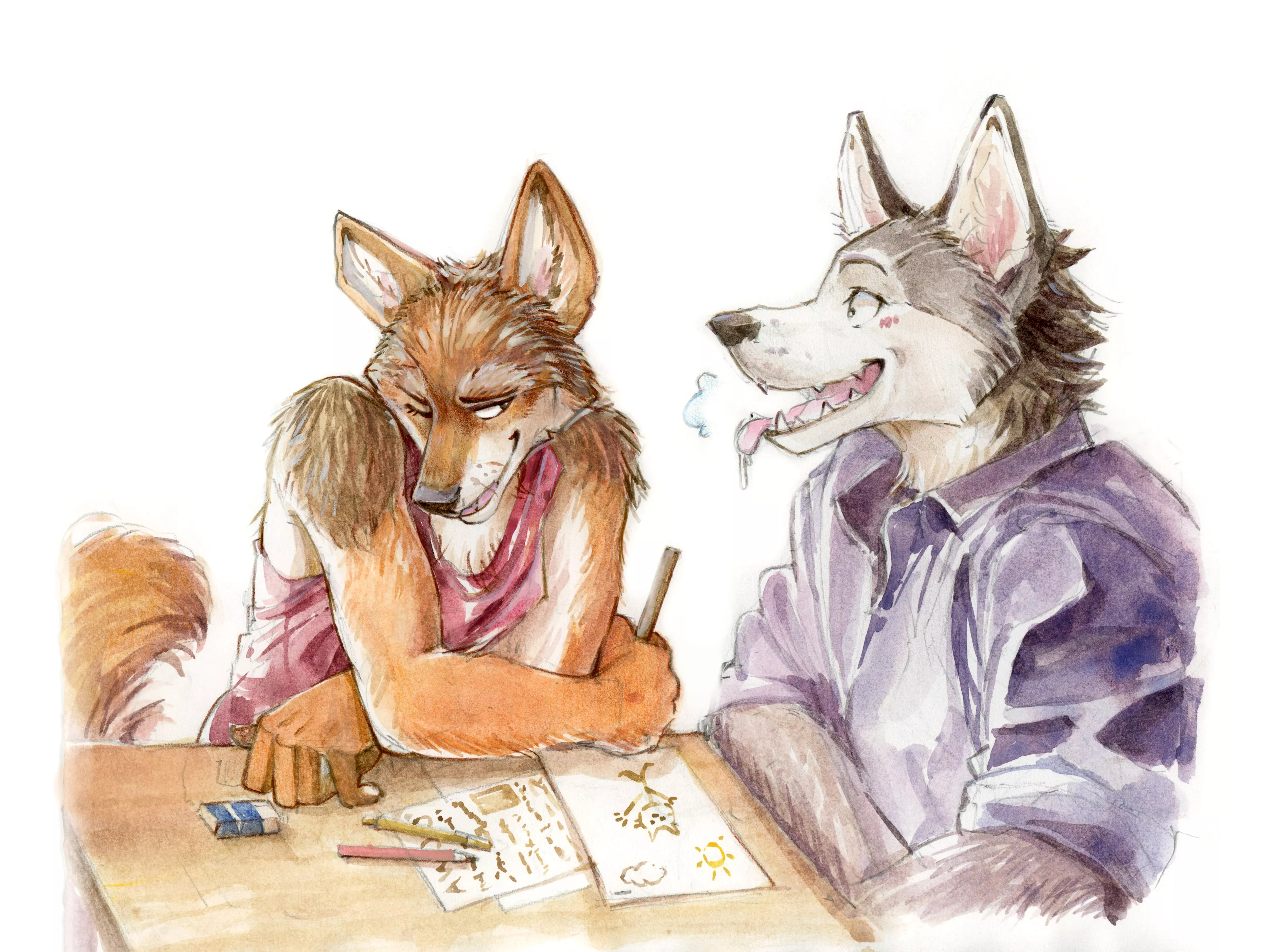 Coyote and Husky are classroom buddies; invent a story about them ! (watercolor art by me, @akatan_art on Twitter) Coyote and Husky are classroom buddies; invent a story about them ! (watercolor art by me, @akatan_art on Twitter)