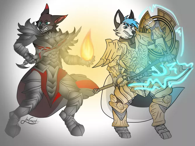 Finished commission for Drache33 of his and I’s sonas in daedric and dragon bone armor!