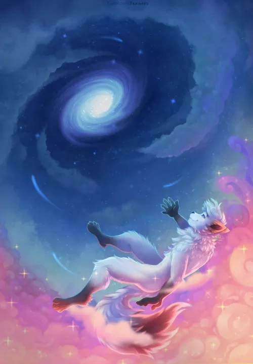 Fluffy White Wolf Flying in Clouds and Space (artist: me, Twitter @Piiunivers)
