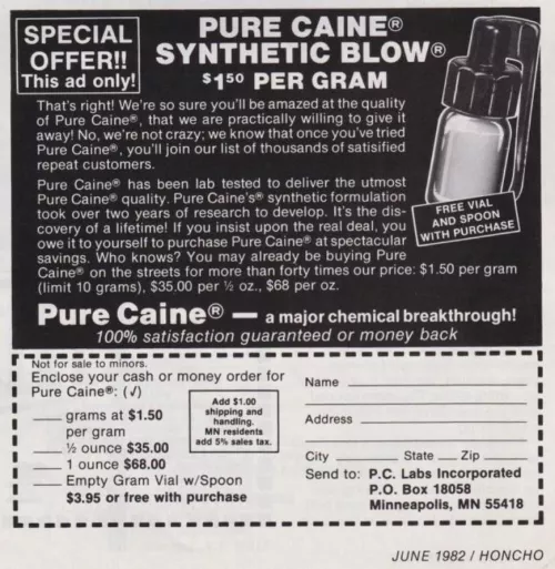 From a 1982 issue of Honcho, I can't imagine this was legal for long