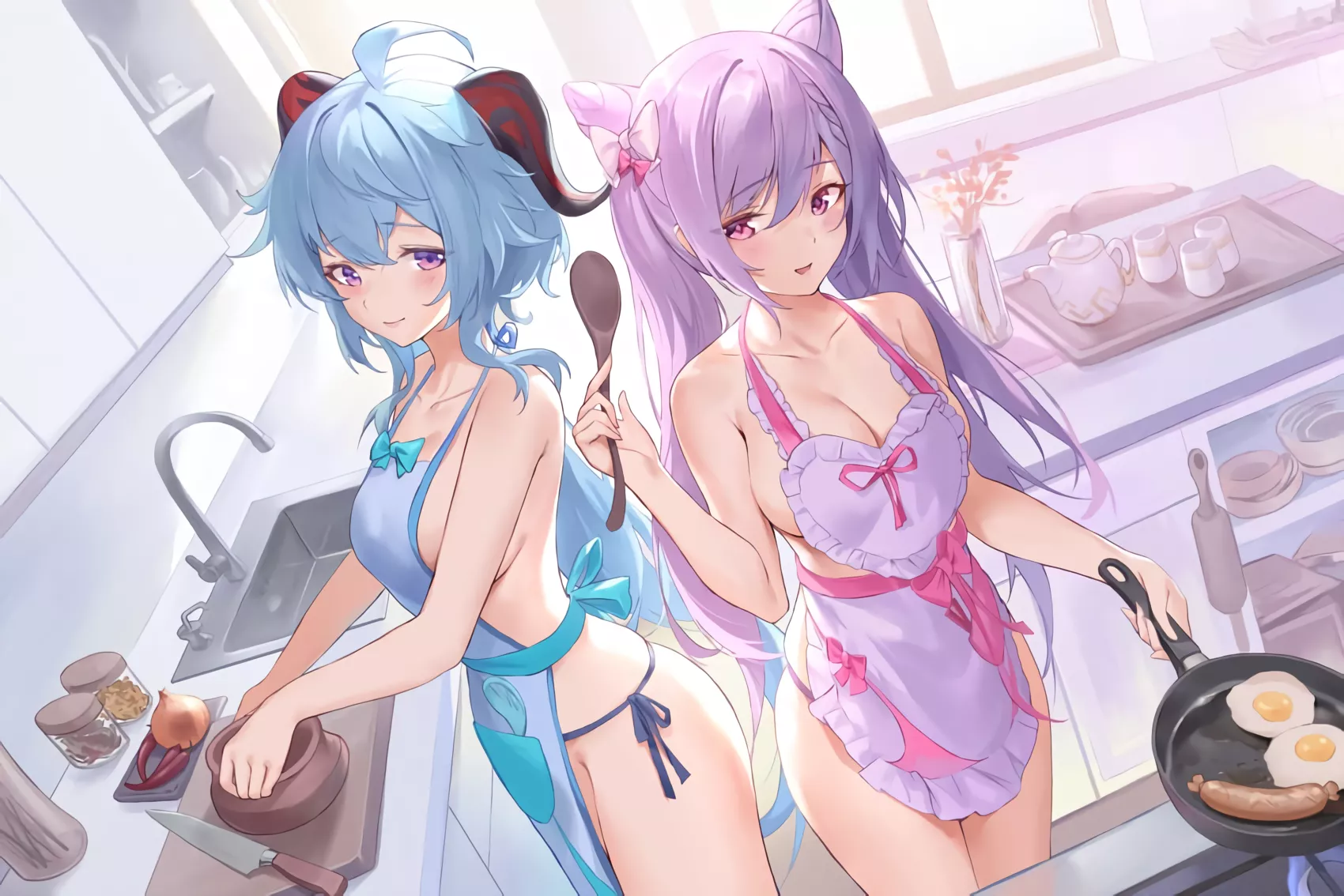 Ganyu and Keqing in naked apron making flavorsome food (pd_xen) [Genshin Impact]