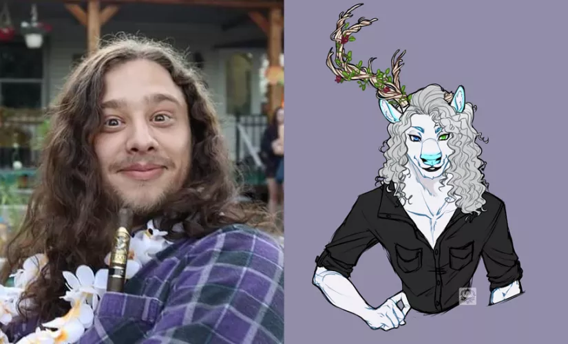 Hopping on the bandwagon, my fursona vs me. Art by @Mochimalha