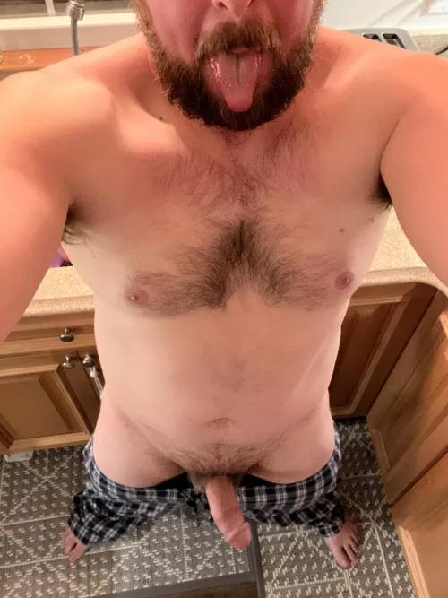 Horny dad in kitchen looking for midnight snack, who wants to be it?