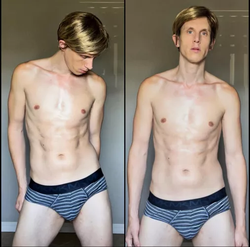 Hot blonde in skimpy underwear. It’s a tight fit 😉