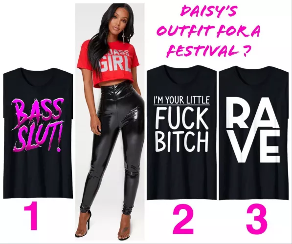 I asked daisy to wear these leggings for her next festival. Wich top should she buy? #daisy_slp #sissyexposed #sissy