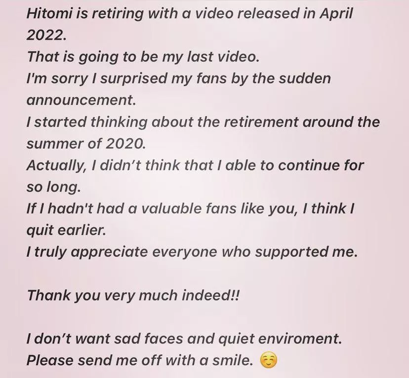 i can’t believe I woke up this news. I literally cried in real life. Hitomi Tanaka is my first jav star I ever saw alongside Yui Hatano, Anri Okita and Kaho Shibuya. I hope Hitomi’s future is doing alright after March 2022. 2022 is pretty lame ðŸ˜ðŸ i can’t believe I woke up this news. I literally cried in real life. Hitomi Tanaka is my first jav star I ever saw alongside Yui Hatano, Anri Okita and Kaho Shibuya. I hope Hitomi’s future is doing alright after March 2022. 2022 is pretty lame ðŸ˜ðŸ