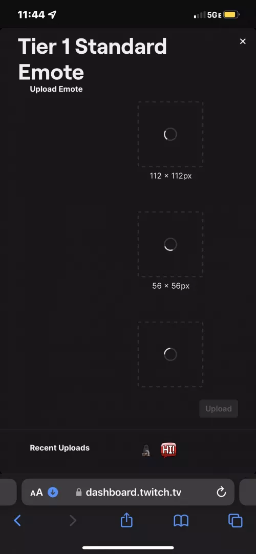 I can’t upload emotes bc it’s just loading like this, one emote was uploaded but the others just stay loading like this (it’s been 10 mins and still stuck like that).