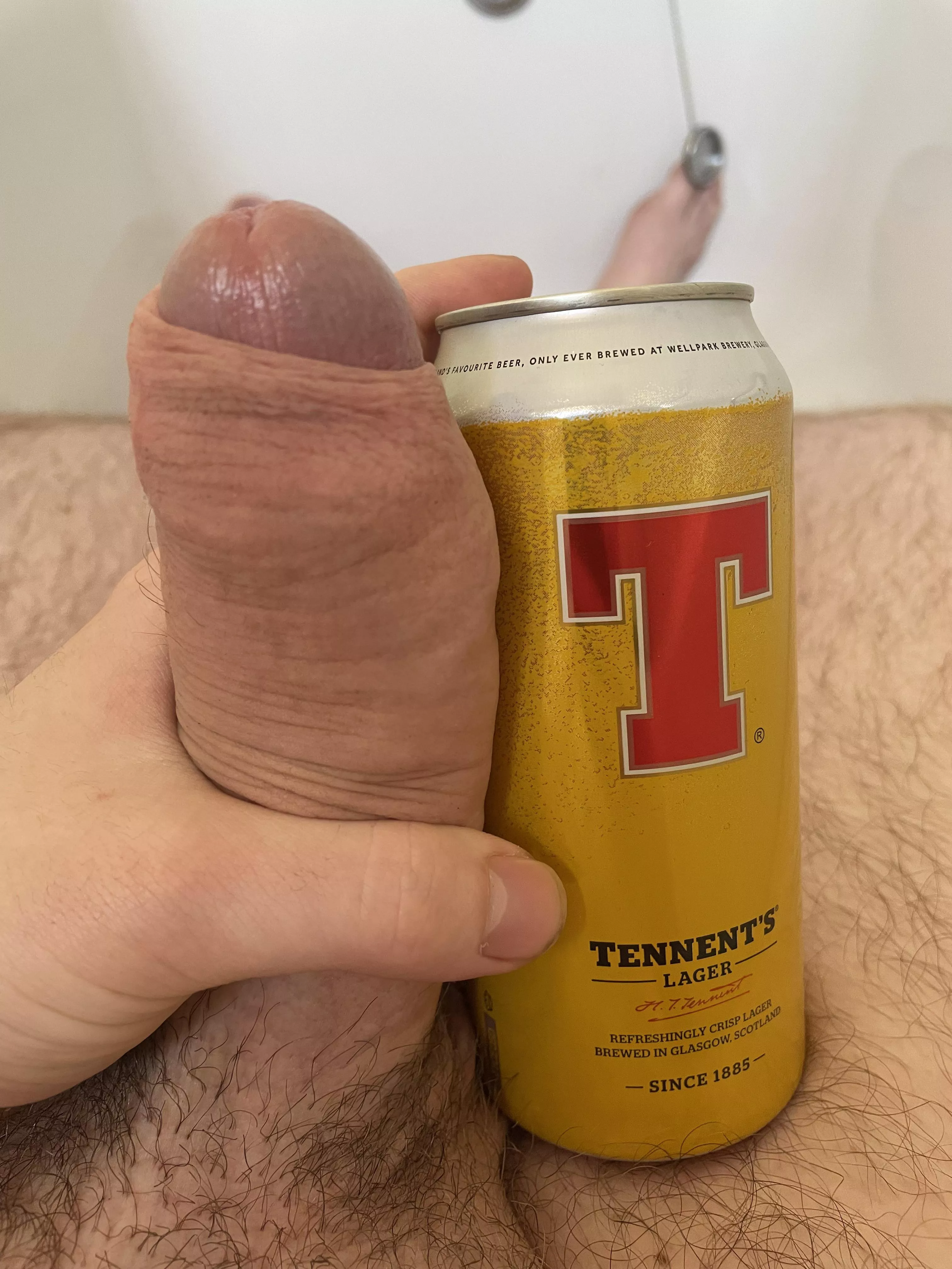 I posted a softie comparison, so here’s my hard cock. That’s a full pint of beer