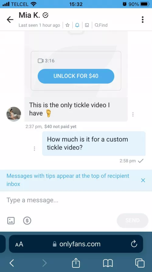 If anyone is interested in buying the only tickle video from Mia Khalifa dm me. Also if you’re interested in trying to buy her a custom tickle video