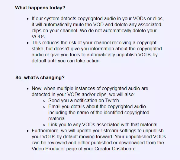 Just got this email. So from now on, any streams that contain copyrighted audio like music will be delisted? Just got this email. So from now on, any streams that contain copyrighted audio like music will be delisted?