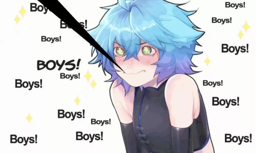 LF Color Source 1boy blue hair multi colored hair blushing unusual pupils star shaped pupils black clothes long gloves spandex repeating text: “Boys!” sitting kneeling