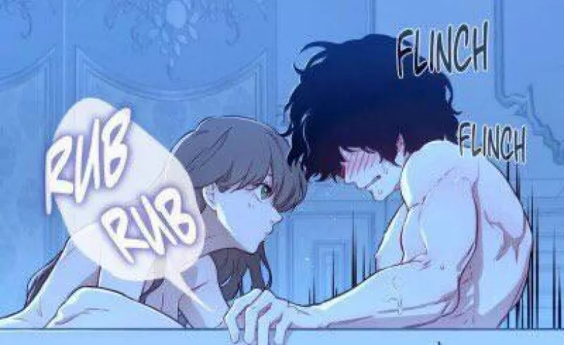 LF Color source: 1girl, 1boy, bath, 'rub rub' 'flinch', buff, muscles, long hair, curly hair, manwha, blush, green eyes, brown hair, sub boy.