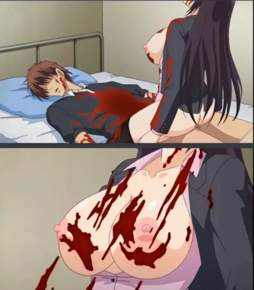 LF Color Source: 1girl, 1boy, blood splatter, big breasts, long hair, brown hair, black hair, girl on top, on the bed, cowgirl, thigh highs, office clothes, blazer, blood splatter on face, arms, clothes and breast, black shirt, purple shirt, half naked, 