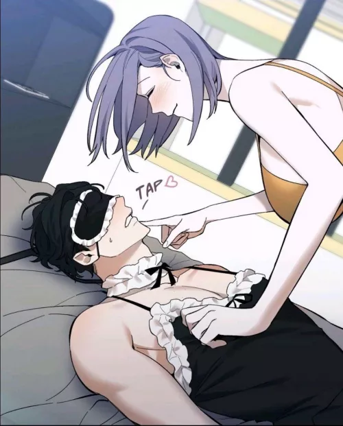 LF Color source: 1girl, 1boy, purple hair, tank top, maid outfit, femdom, blindfold.