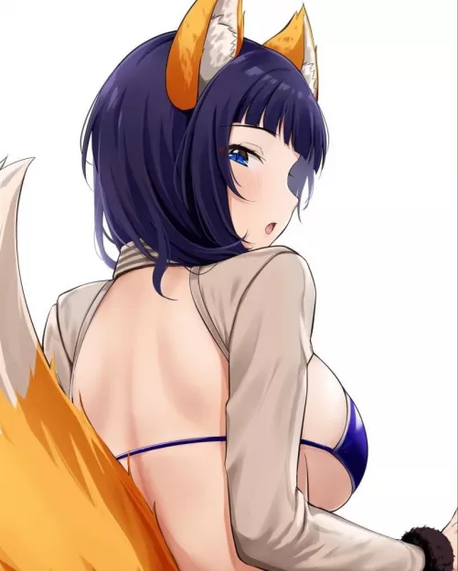 LF Color Source: 1girl, animal ears, blue eyes, blunt bangs, exposed back, fox ears, fox tail, from behind, fur trim, fur-trimmed sleeves, large breasts, looking back, medium hair, open mouth, purple bikini, purple bra, purple hair, sideboob, white backg