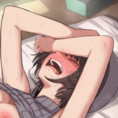 LF Color Source: 1girl, black hair, bob cut, blushing, armpits, grey virgin killer sweater, virgin killer outfit, arms above head, armpit, big breast