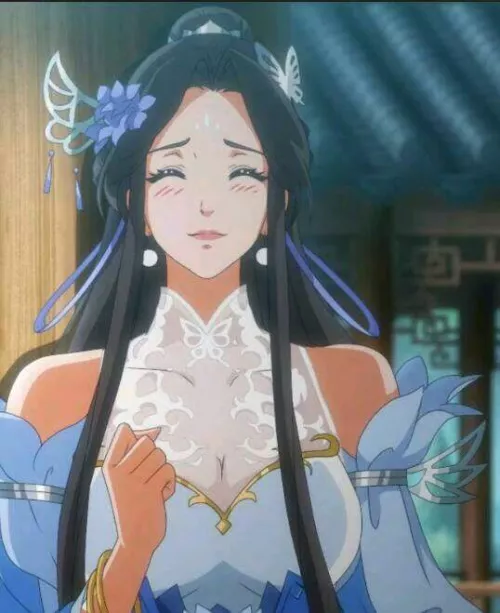 LF Color Source: 1girl, black hair, long hair, hair ornament, butterfly hair ornament, hair flower, big/large breasts, blush, eyes closed, white earrings, forehead mark/jewel, looking at viewer, standing, blue dress, detached sleeves
