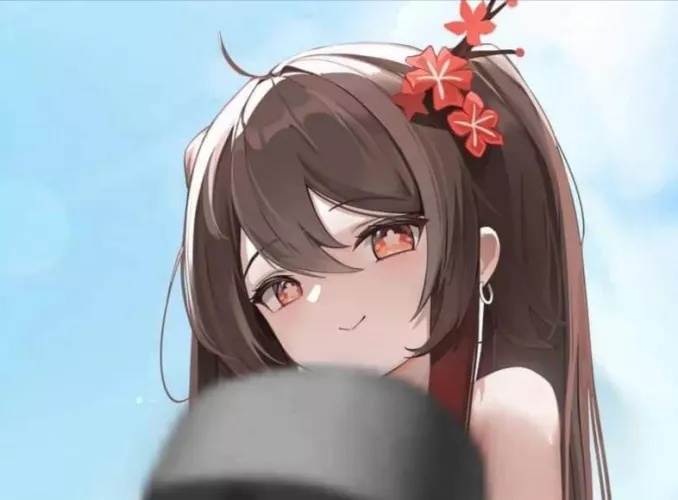 LF Color source: 1girl, brown hair, red eyes, hair ornament, smiling
