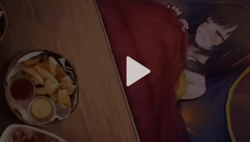 LF Color source: 1girl, Kotatsu, table, food, red blanket, blush, brown hair, long hair, topless shoulders, yellow eyes, smile, lying down