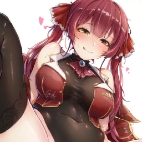 LF Color Source: 1girl, red bowtie, black bra, heterochromia, hololive, houshou marine, looking at viewer, red eyes, red hair, red hair blush, ribbon, see-through, skindentation, smile, thighhighs, thighs, twintails, skin tight suit, yellow eyes
