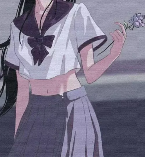 LF Color Source: 1girl, school uniform, face out of frame, rose, purple shade/filter, sailor dress, black hair, long hair, small breasts, midriff