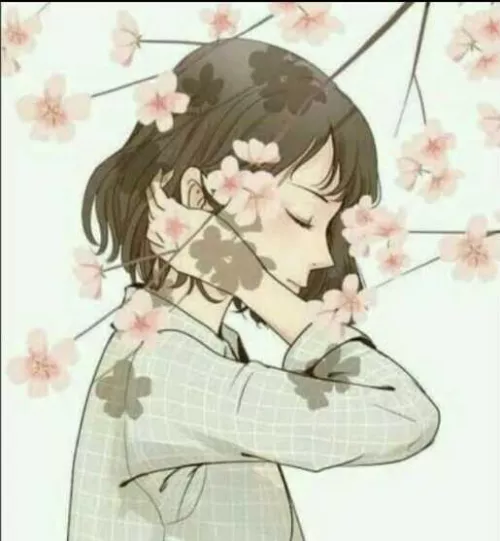 LF Color Source: 1girl, short hair, brown hair, from side, cherry blossom, long sleeve, eyes closed