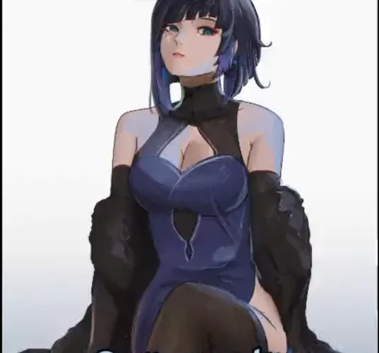 LF Color Source: 1girl, sitting, short hair, green eyes, purple hair, detached sleeves, sleeveless, big/large breasts, eyes open, thighhighs, purple dress