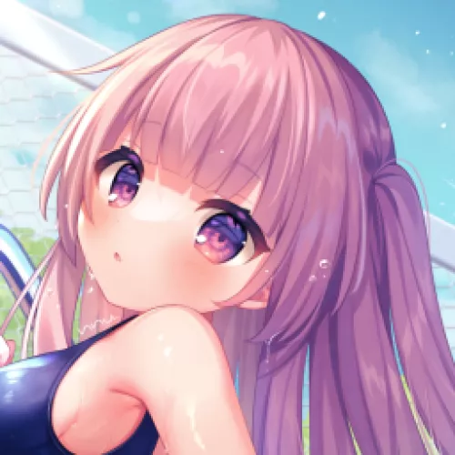 LF Color Source: 1girl, sukumizu, pink hair, purple eyes, gradient eyes, blush, sky, fence, swimsuit, looking to side, armpit, tree, looking at viewer, sideboob, water droplets, open mouth